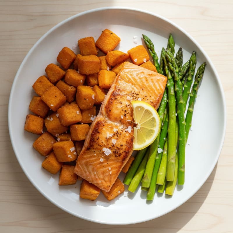 Seared Salmon with Roasted Sweet Potato and Asparagus