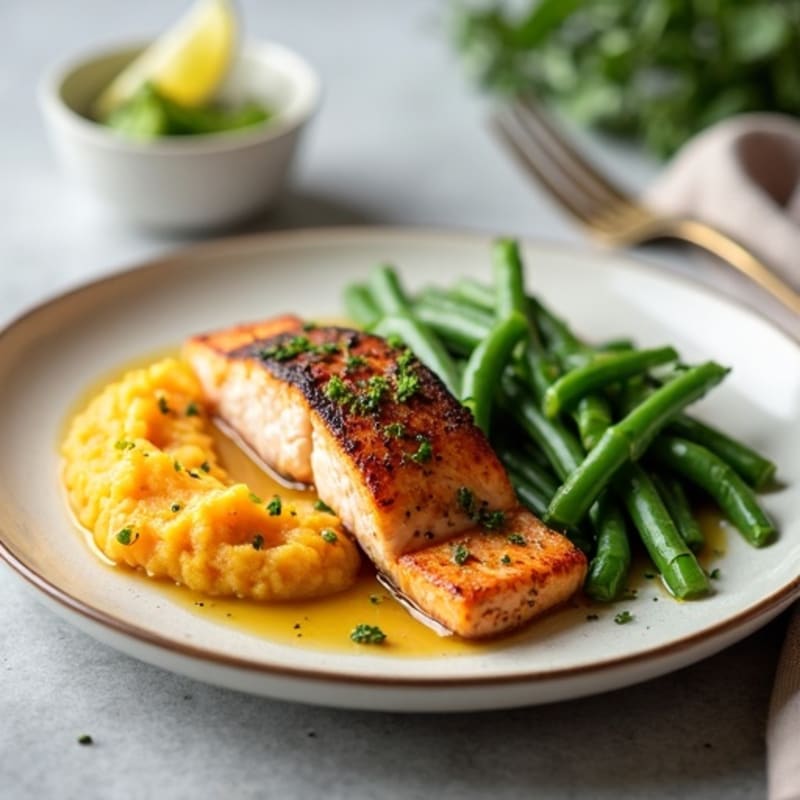 Seared Salmon Fillet with Garlic Green Beans and Mashed Sweet Potato