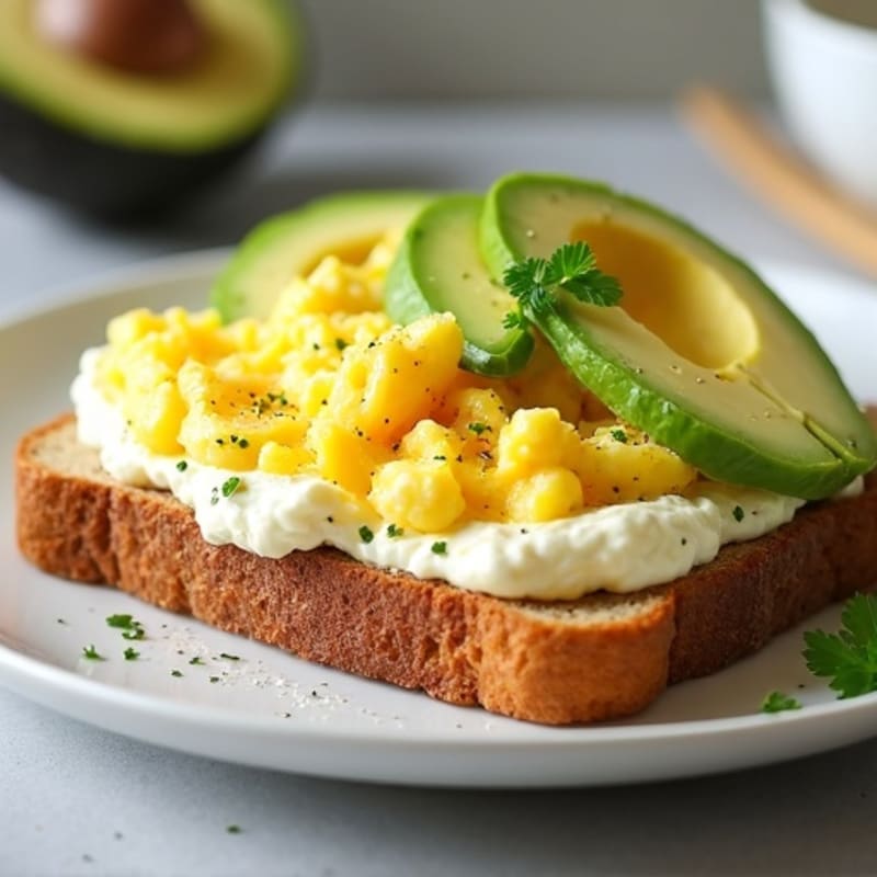 Creamy Cottage Cheese Toast with Soft Scrambled Eggs and Avocado