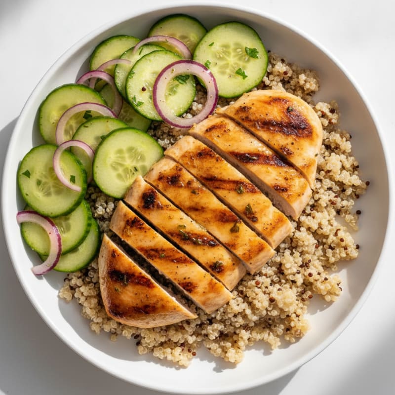 Grilled Chicken Breast with Quinoa and Crunchy Cucumber Salad