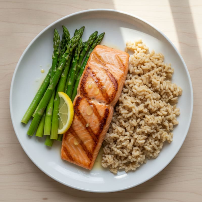 Seared Salmon Fillet with Steamed Asparagus and Brown Rice