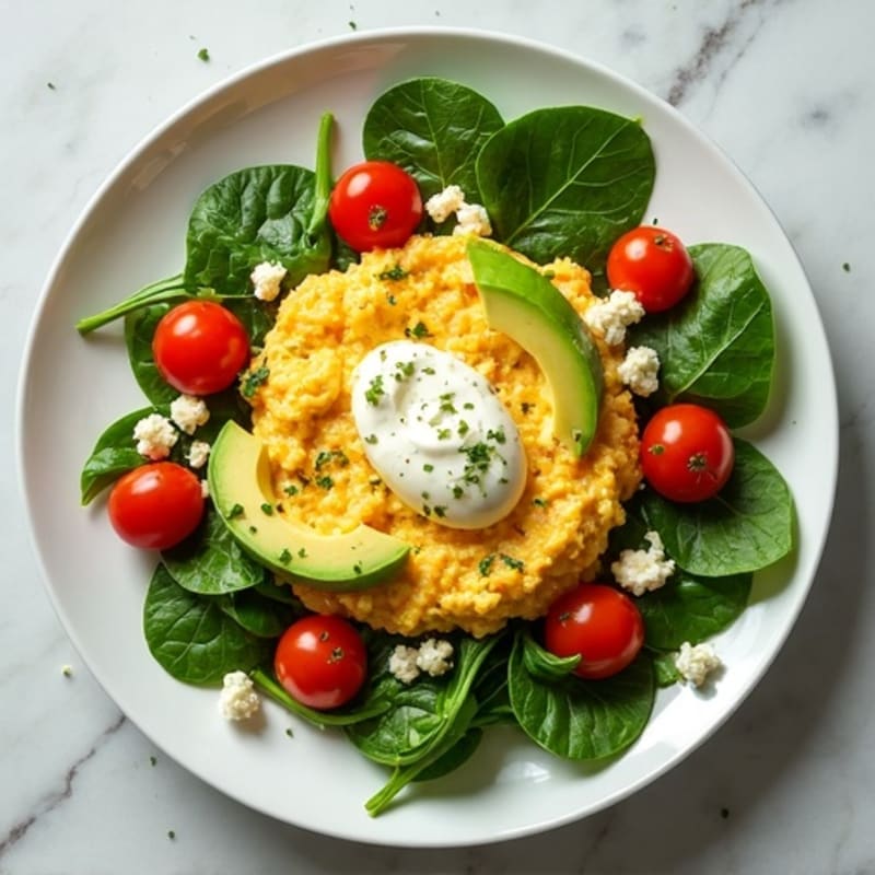 Egg White Spinach Scramble with Cottage Cheese and Cherry Tomatoes