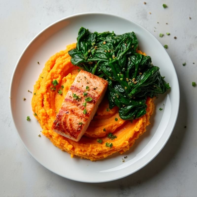 Seared Salmon Fillet with Garlic Sautéed Spinach and Sweet Potato Mash