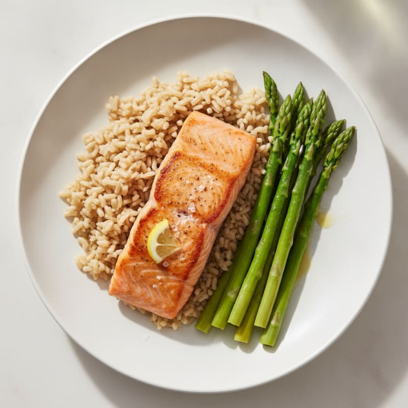Seared Salmon Fillet with Steamed Asparagus and Brown Rice