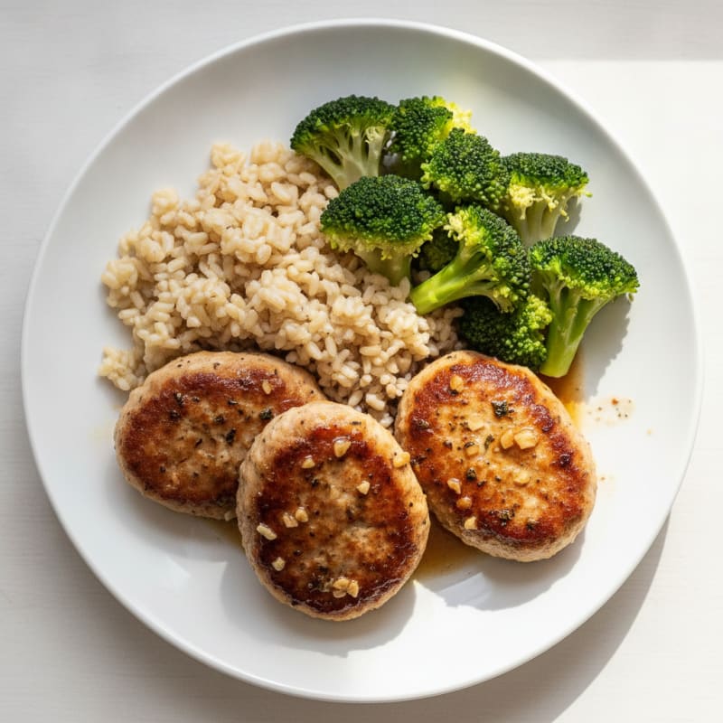 Seared Turkey Patties with Steamed Broccoli and Brown Rice
