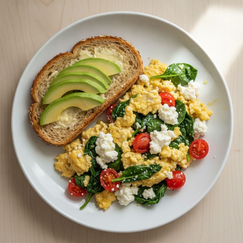 Cottage Cheese Egg Scramble with Sautéed Spinach and Tomatoes