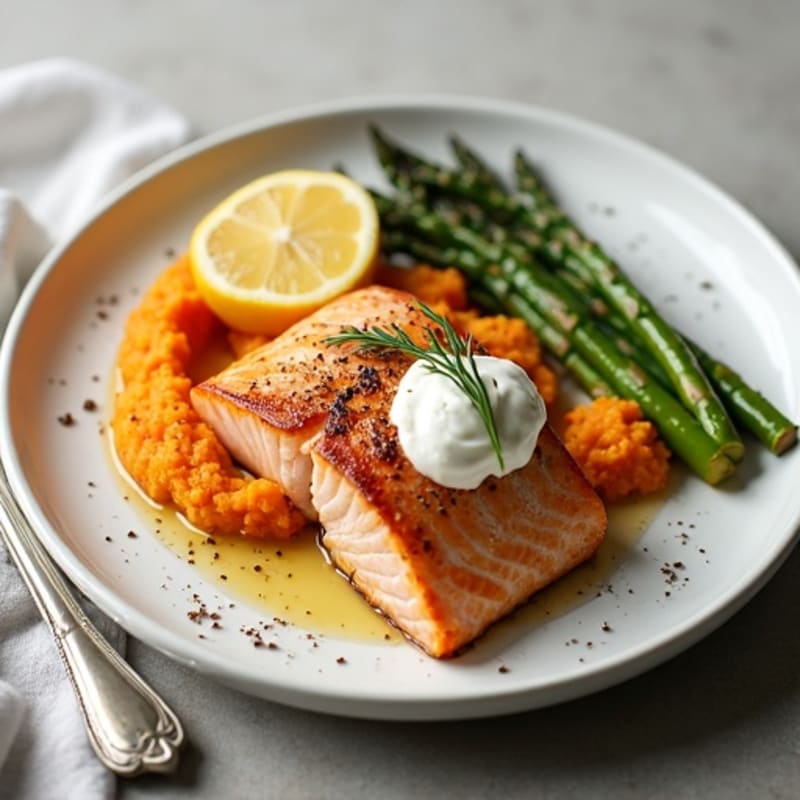Seared Salmon Fillet with Roasted Asparagus and Sweet Potato Mash