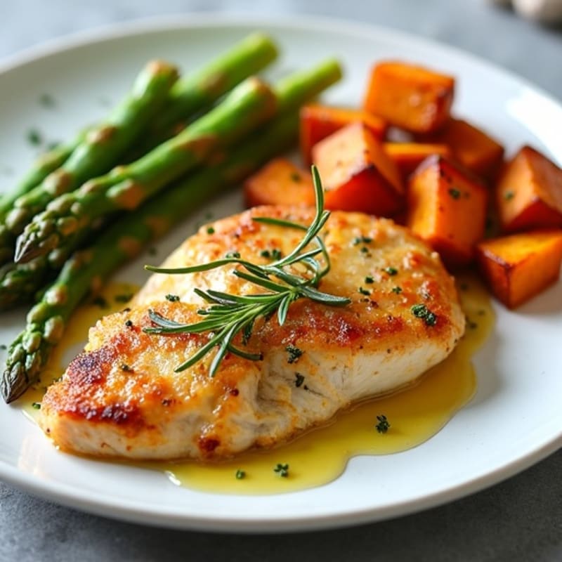 Crispy Lemon Herb Chicken with Roasted Asparagus and Sweet Potatoes