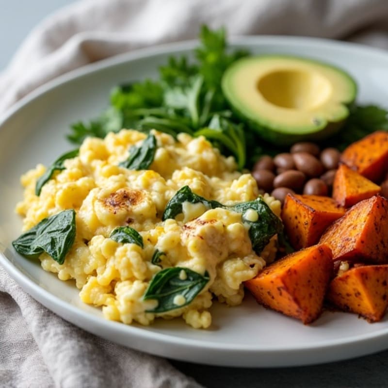 Egg White Spinach Scramble with Turkey Sausage and Roasted Sweet Potatoes