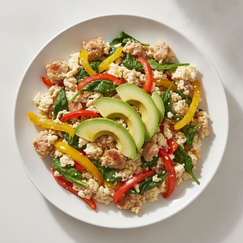 Egg White and Turkey Sausage Scramble with Spinach and Bell Peppers