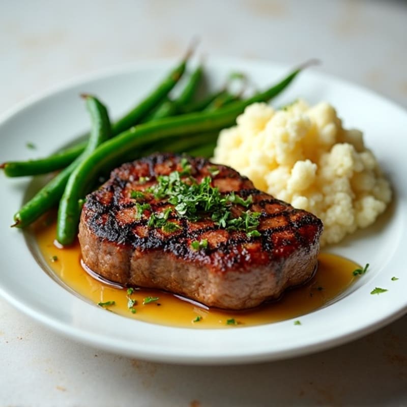 Seared Lean Beef Steak with Garlic Green Beans and Mashed Cauliflower