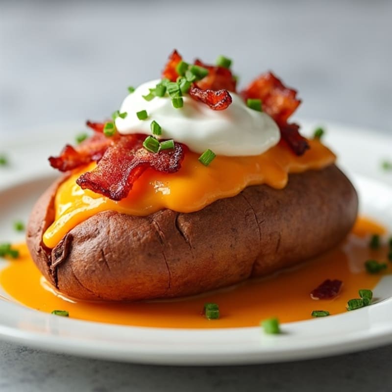 Baked Sweet Potato Loaded with Crispy Bacon and Cheesy Chives