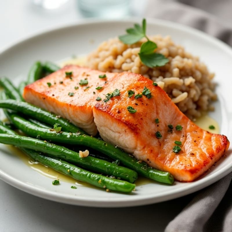 Seared Salmon with Garlic Green Beans and Brown Rice