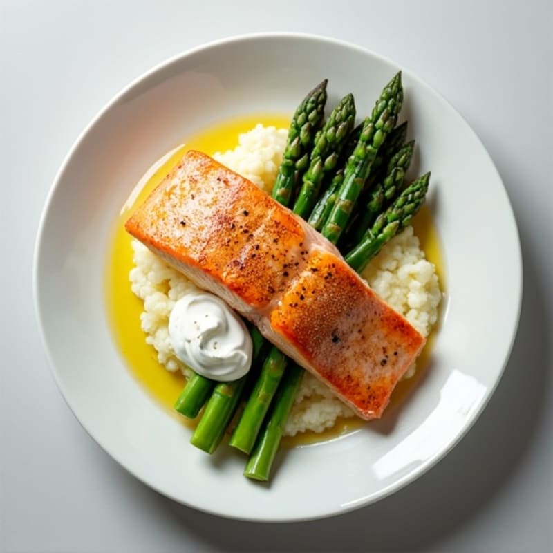 Seared Salmon with Steamed Asparagus and Cauliflower Mash