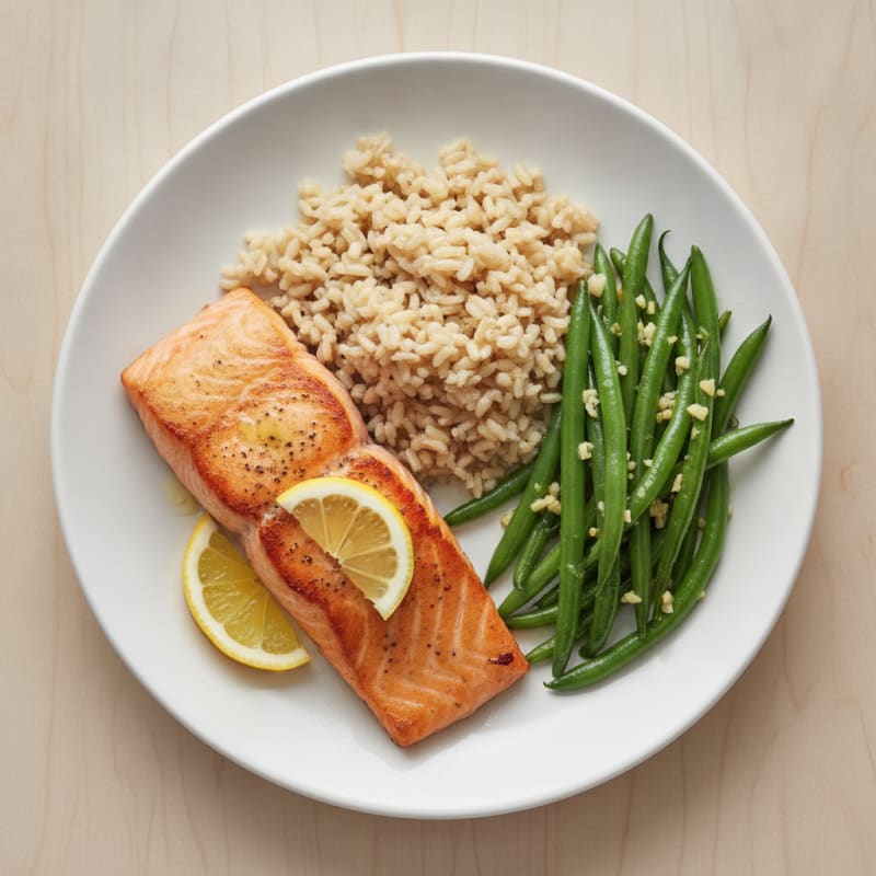 Seared Salmon Fillet with Garlic Green Beans and Brown Rice