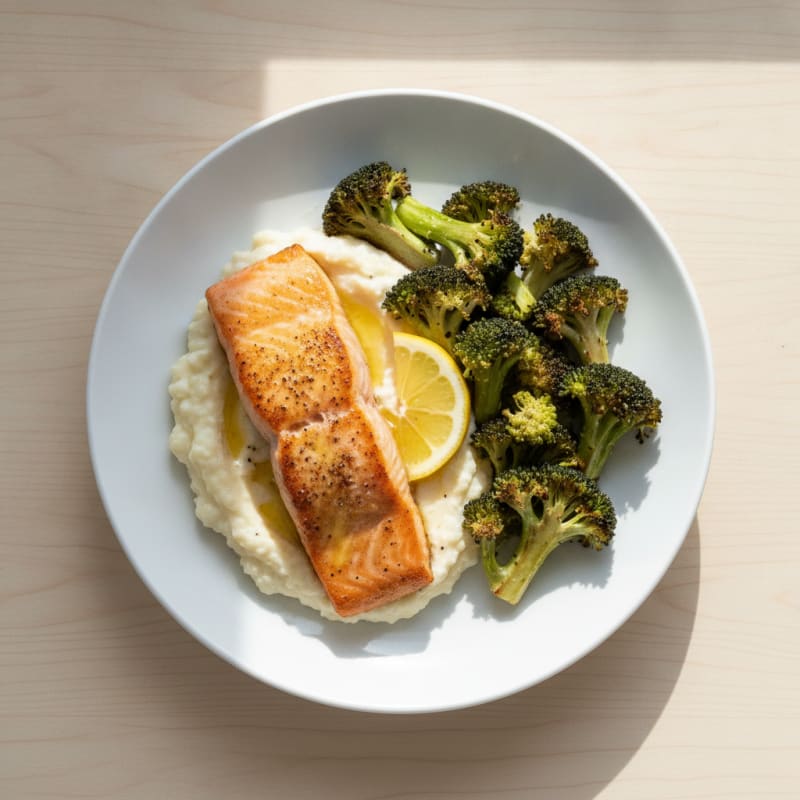 Seared Salmon Fillet with Roasted Broccoli and Garlic Mash
