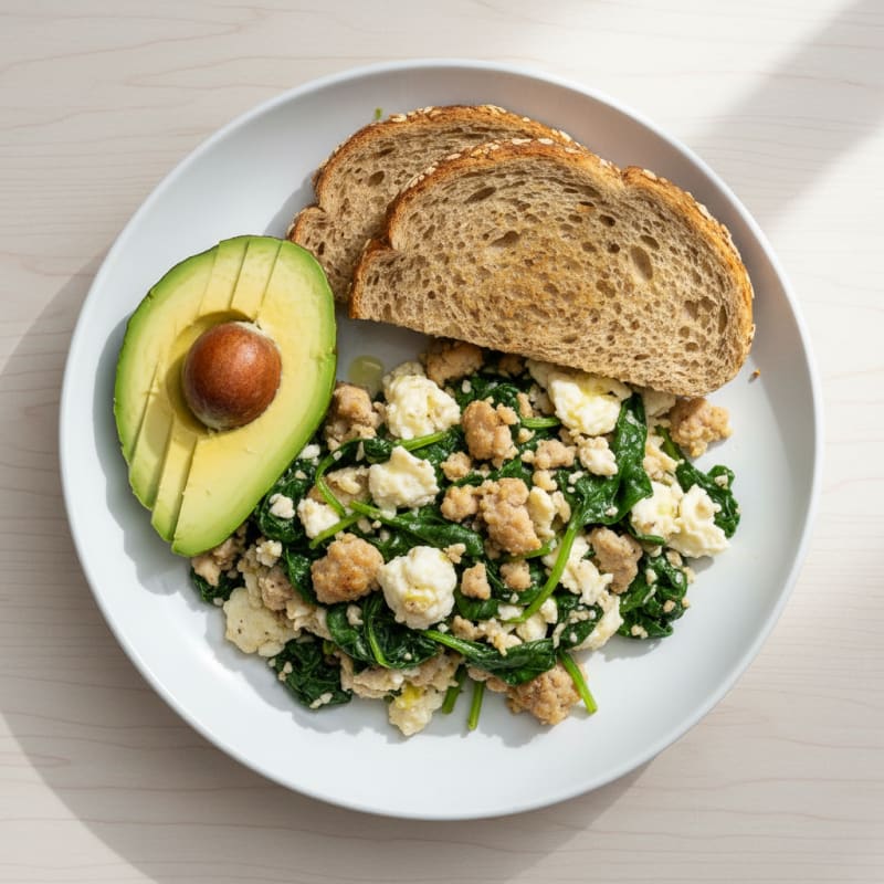 Egg White and Turkey Sausage Scramble with Sautéed Spinach