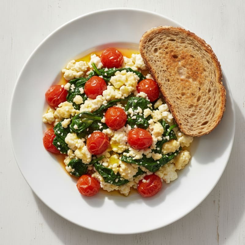 Cottage Cheese Egg Scramble with Spinach and Cherry Tomatoes