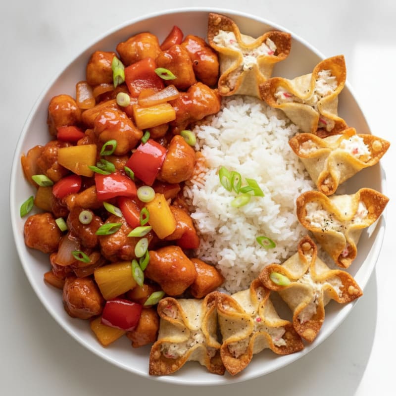 Sweet and Sour Chicken with Baked Crab Rangoon