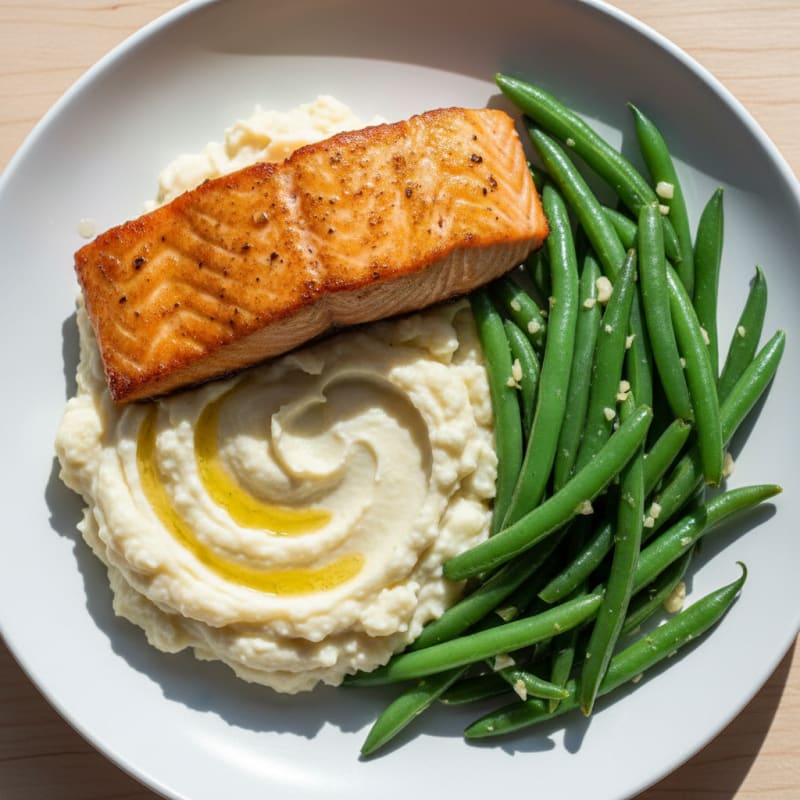 Seared Salmon with Steamed Green Beans and Garlic Mashed Cauliflower