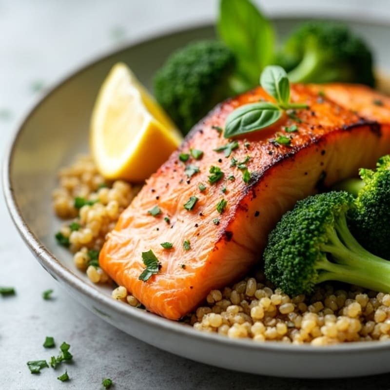 Seared Salmon with Roasted Broccoli and Quinoa
