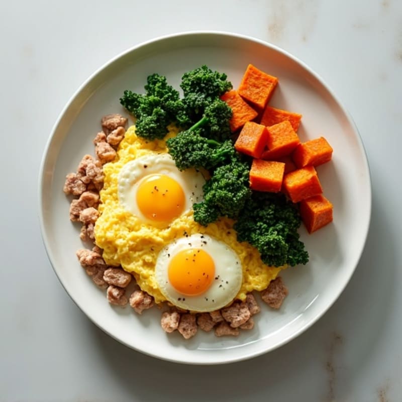 Fluffy Protein-Rich Egg Scramble with Sautéed Greens and Roasted Sweet Potato