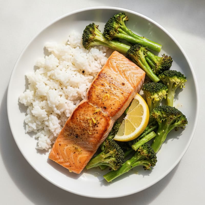 Seared Salmon with Steamed Rice and Broccoli