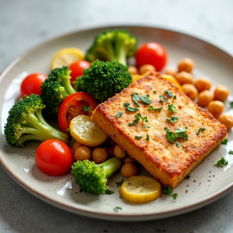 Crispy Baked Tofu with Roasted Garlic Vegetables