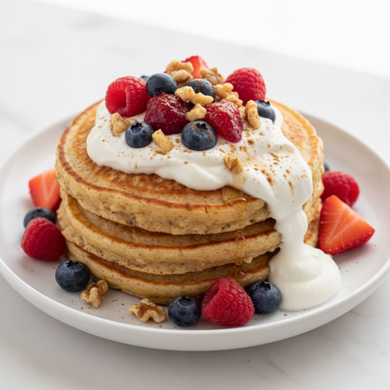 Egg White and Oatmeal Protein Pancakes with Greek Yogurt and Berries