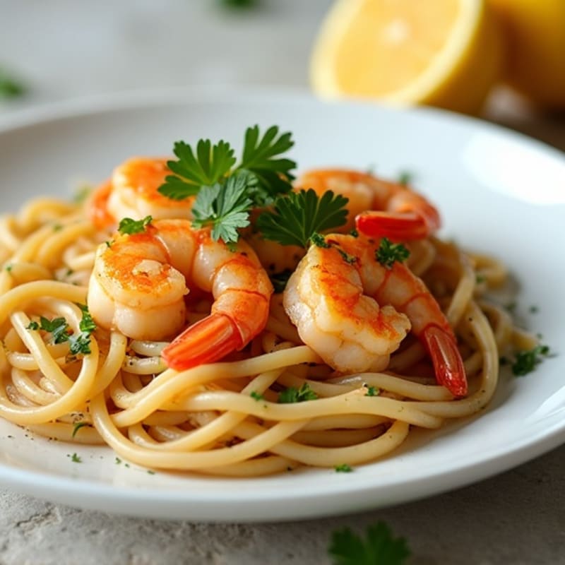 Tender Lemon Garlic Pan-Seared Shrimp with Whole Wheat Linguine and Fresh Parsley