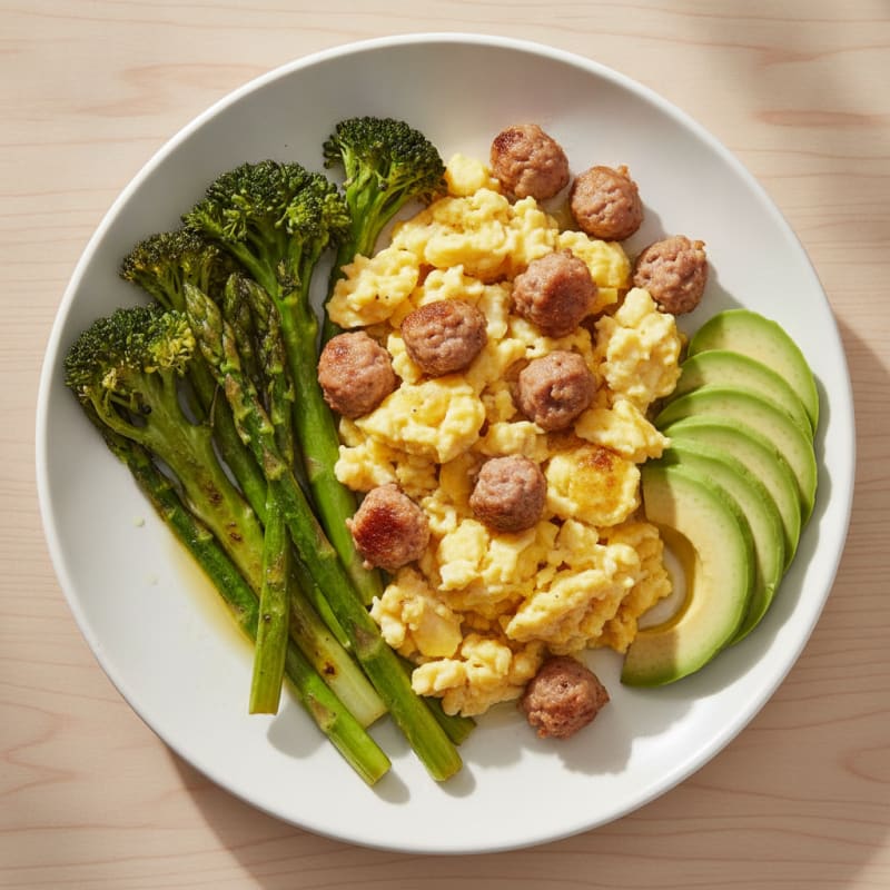 Scrambled Eggs with Turkey Sausage and Sautéed Tenderstem Broccoli