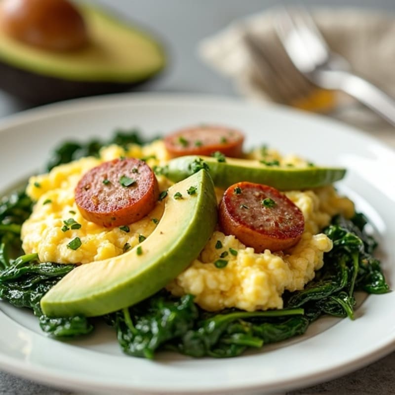 Egg White Scramble with Turkey Sausage and Sautéed Spinach
