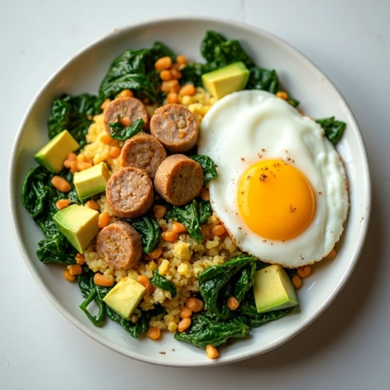 Egg White Scramble with Turkey Sausage and Sautéed Spinach