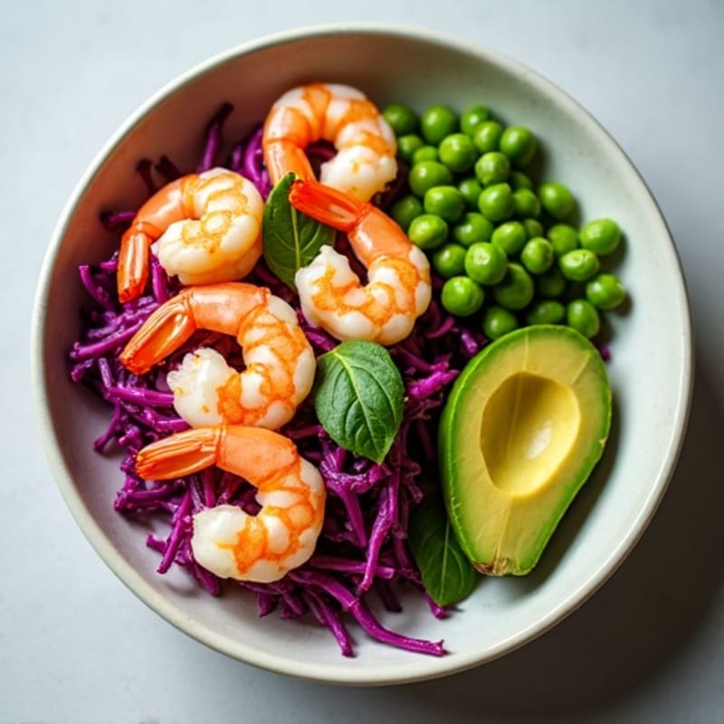 Fresh Shrimp and Avocado Bowl with Crunchy Red Cabbage and Yuzu Dressing