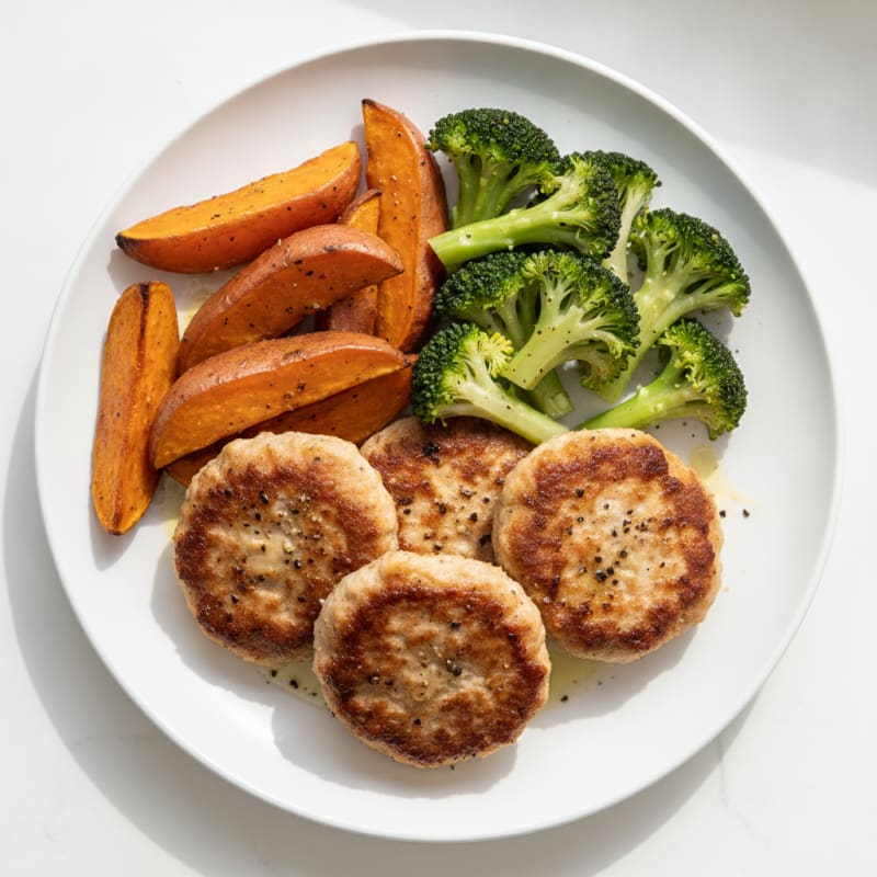 Seared Turkey Patties with Roasted Sweet Potato and Steamed Broccoli