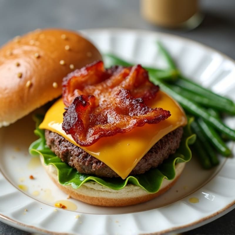 Grilled Lean Beef Burger with Crispy Turkey Bacon, Melted Sharp Cheddar, and Roasted Green Beans