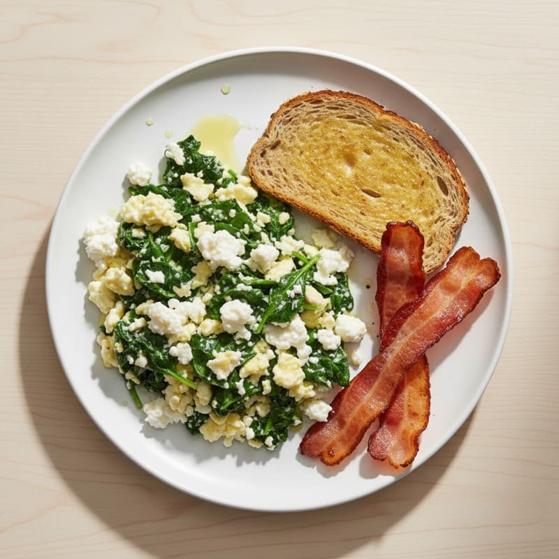 Egg White and Spinach Scramble with Cottage Cheese and Turkey Bacon
