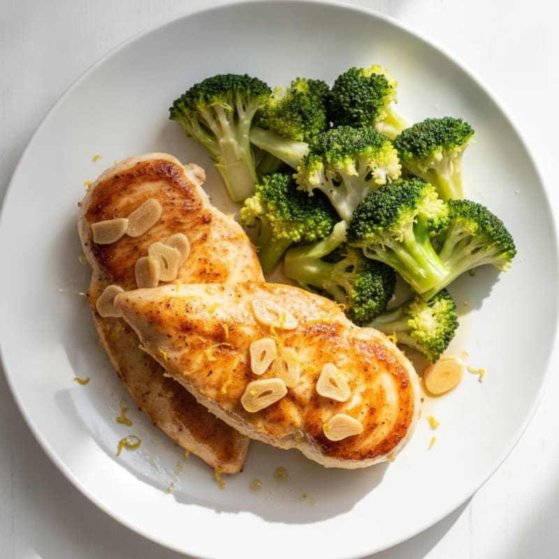 Lemon Garlic Pan Seared Chicken with Steamed Broccoli