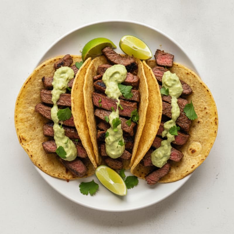 Carne Asada Tacos with Avocado Crema