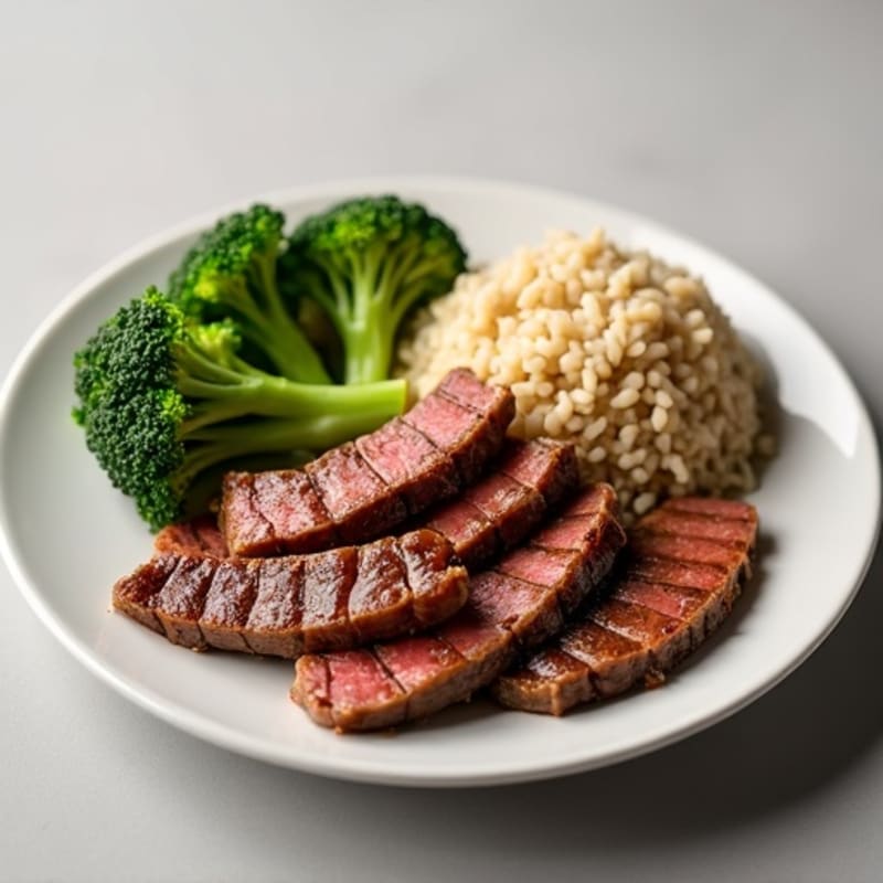 Seared Lean Beef Strips with Steamed Broccoli and Brown Rice