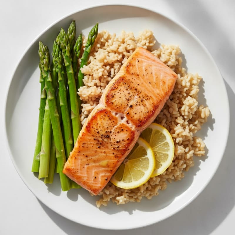 Seared Salmon with Steamed Asparagus and Brown Rice