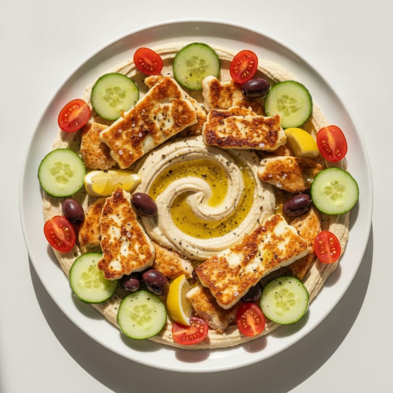 Hummus Platter with Grilled Halloumi and Olives