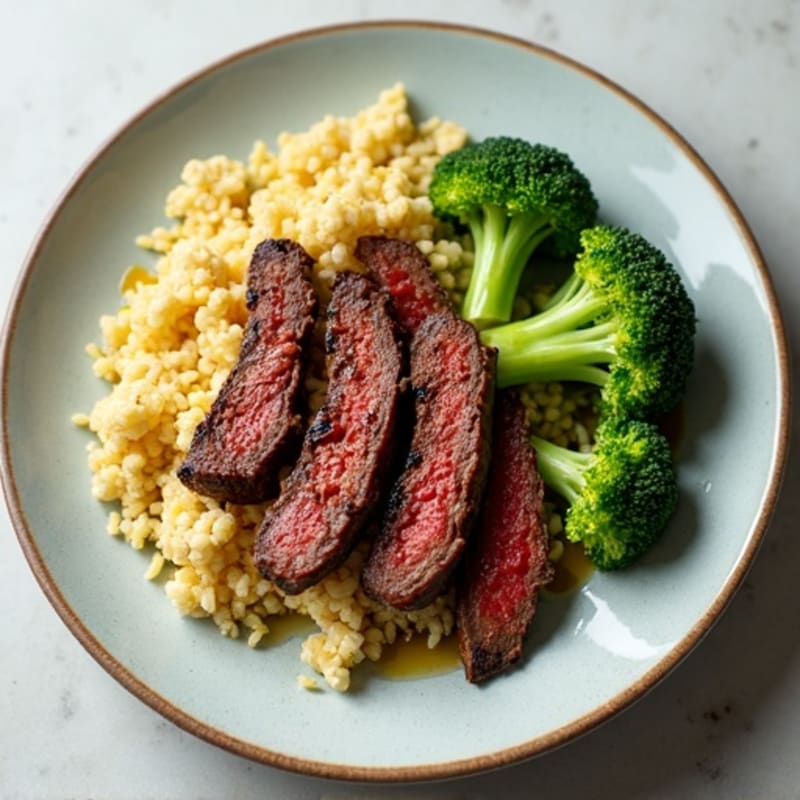 Seared Lean Beef Strips with Steamed Broccoli and Cauliflower Rice
