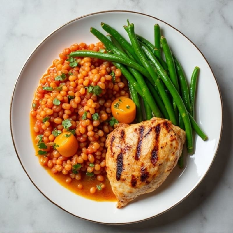 Grilled Chicken with Lentil Dhal and Sautéed Green Beans