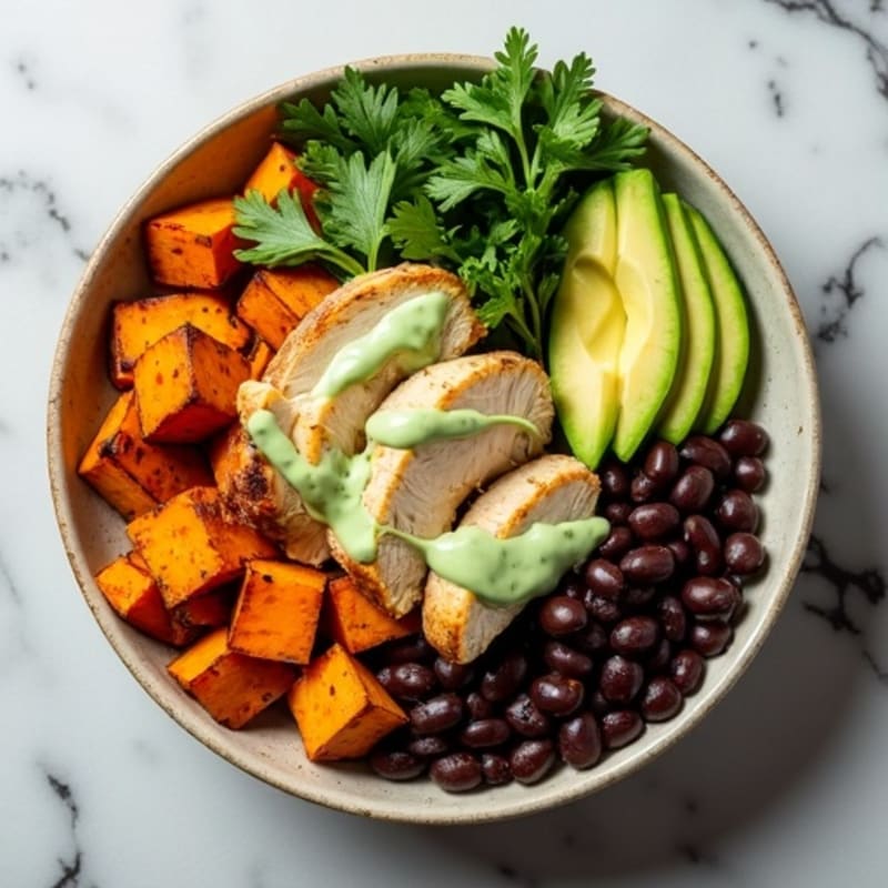 Roasted Sweet Potato and Black Bean Bowl with Creamy Avocado Dressing