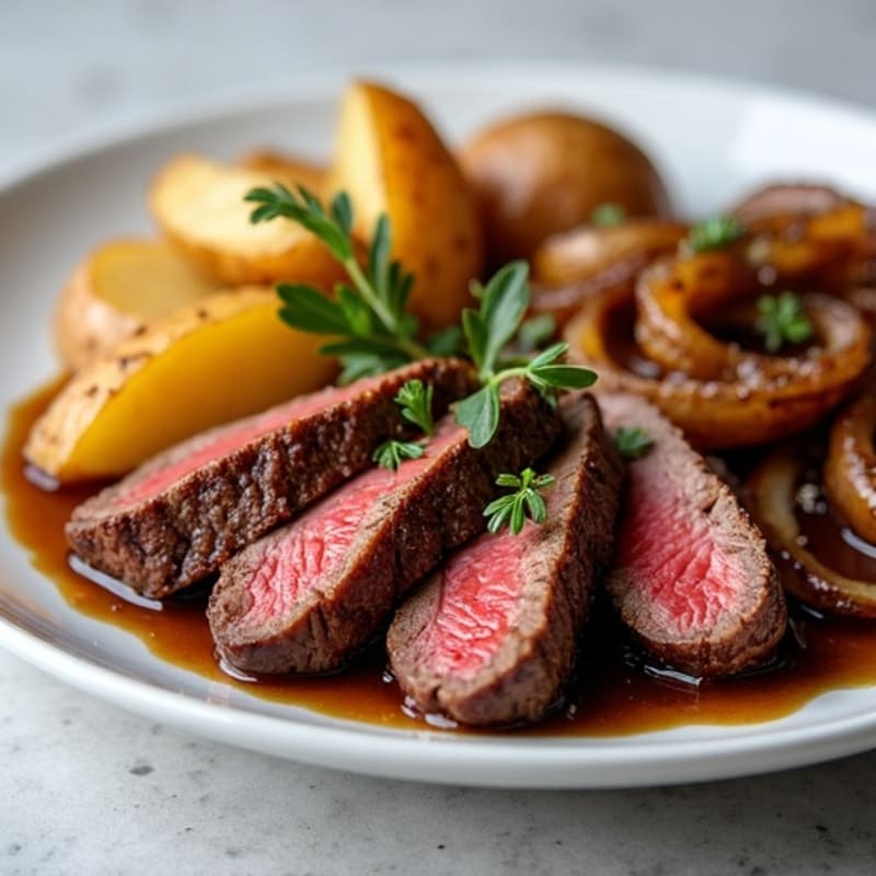 Seared Beef Strips with Roasted Potatoes and Sautéed Onions