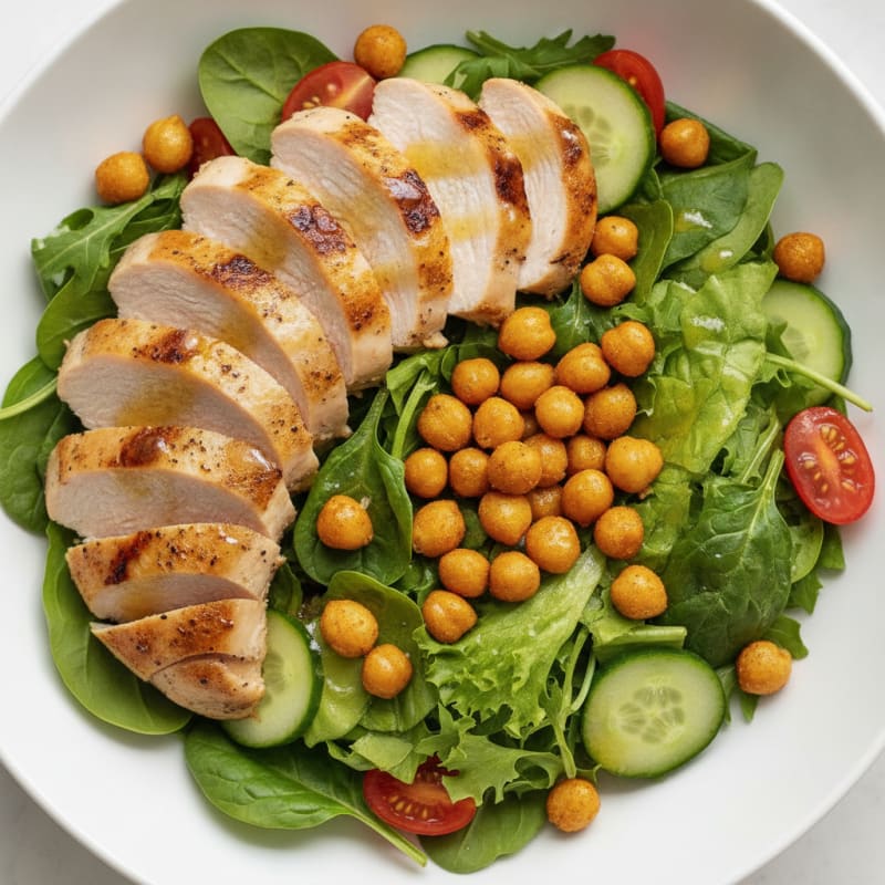 Grilled Turkey Breast Salad with Roasted Chickpeas and Mixed Greens