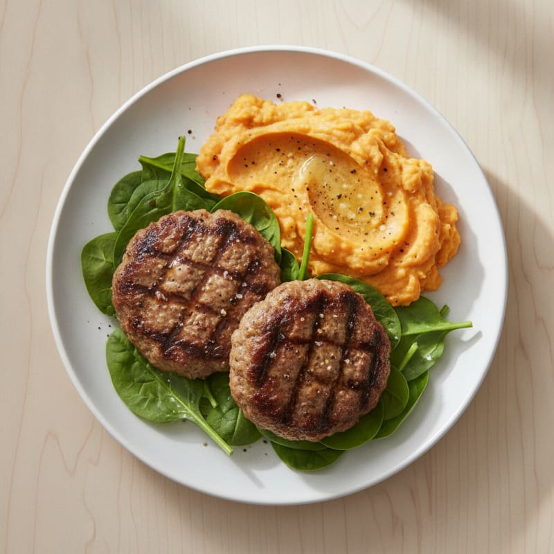 Beef Burger Plate with Mashed Sweet Potato