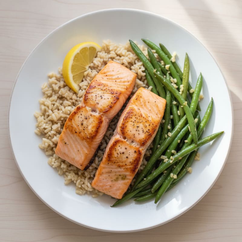 Seared Salmon with Garlic Green Beans and Brown Rice