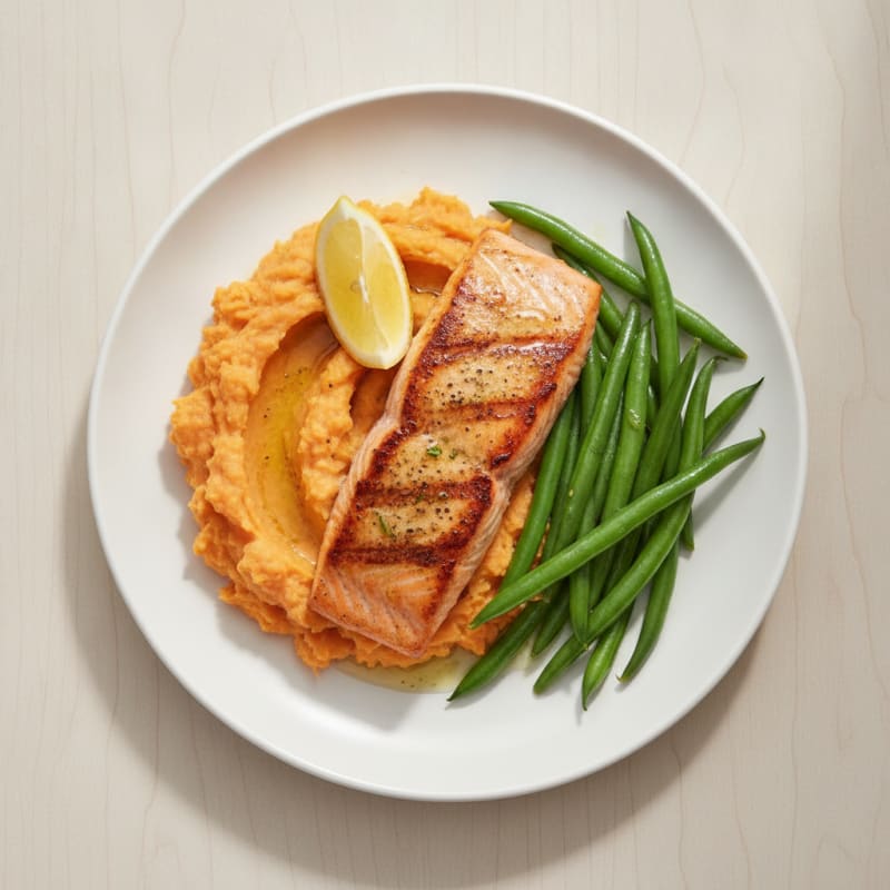 Seared Salmon with Steamed Green Beans and Sweet Potato Mash